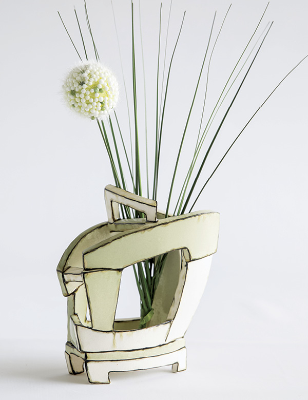 8 Light Green Pocket Vase, 7 in. (18 cm) in width, handbuilt white earthenware, Amaco Velvet underglazes, 2020.