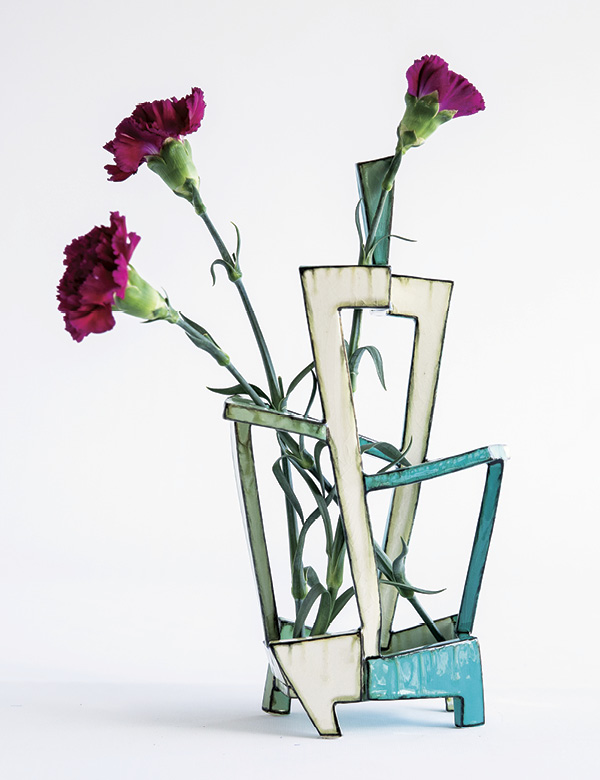 9 Turquoise Line Vase, 14 in. (36 cm) in height, handbuilt white earthenware, Amaco Velvet underglazes, 2021.