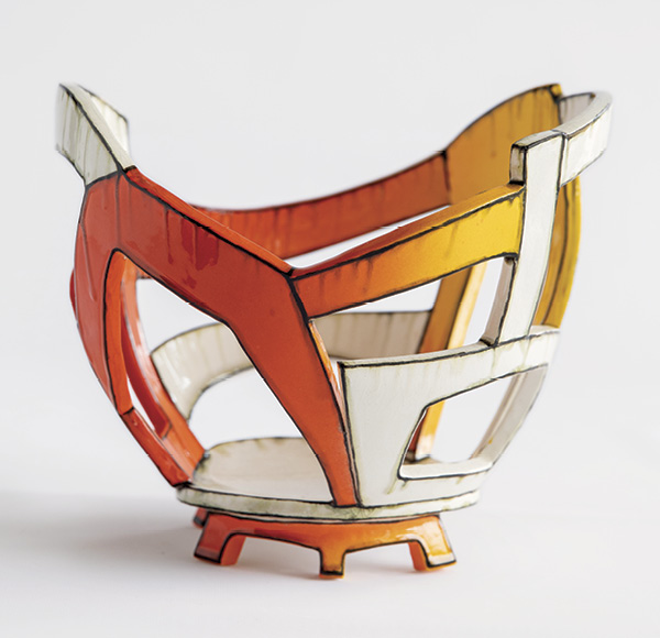 10 Orange Fade Basket, 11 in. (28 cm) in height, handbuilt white earthenware, Amaco Velvet underglazes, 2021.