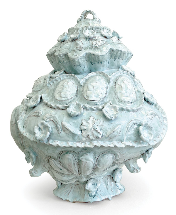 2 Inlaid Jar, 27 in. (68.7 cm) in height, earthenware, found shards, glaze, 2023.