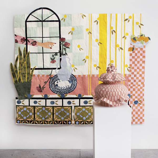 4 Background: In the Flowers, 7.5 ft. (2.3 m) in width, acrylic on paper, adhesive, 2023. Foreground: Fruit Cluster Jar, 24 in. (61 cm) in height, earthenware, slip, glaze, 2022.