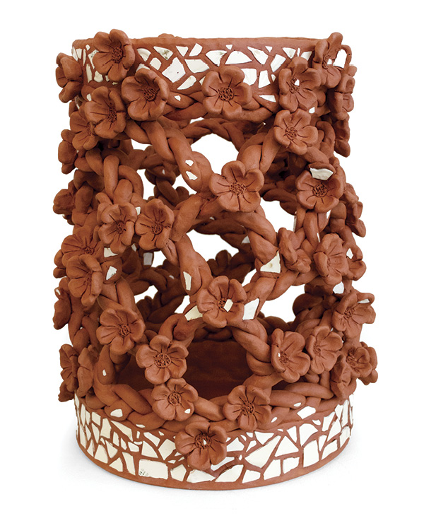 7 Flower Basket, 18.5 in. (47 cm) in height, unglazed earthenware, found shards, 2023.