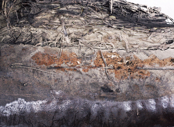2 Devin McDonald’s Boat Series: Reflection Boat Surface (detail), 24 in. (61 cm) in length, red earthenware, dipped and soaked fabric and plant materials, slip, terra sigillata, Devin McDonald’s Stain, soda wash, Devin McDonald’s Matte Glaze, fired in heavy reduction to cone 2 in a soda kiln, 2018.