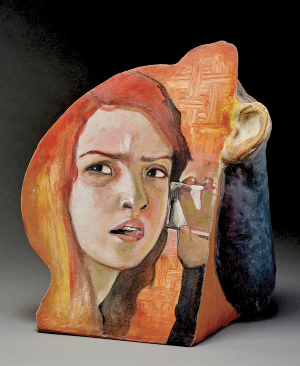 1 Arthur Gonzalez’s The Eavedropper, 17 in. (43.2 cm) in height, handbuilt ceramic, underglaze, 2025.
