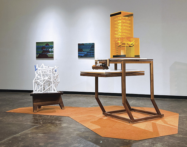 3 Wade MacDonald's 3 An Elephant’s Foot with Lethal Lounge No. 1 (installation view), variable dimensions, press-molded, handbuilt, extruded, and 3D-printed stoneware, underglazes, fired in oxidation to cone 05, wood, Plexiglas, metal, resin, plastic.