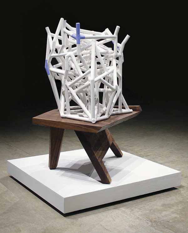 5 Wade MacDonald's Lethal Lounge No.1, 3 ft. 51/2 in. (1.1 m) in height, extruded stoneware, underglazes, fired in oxidation to cone 08, wood, 2021.