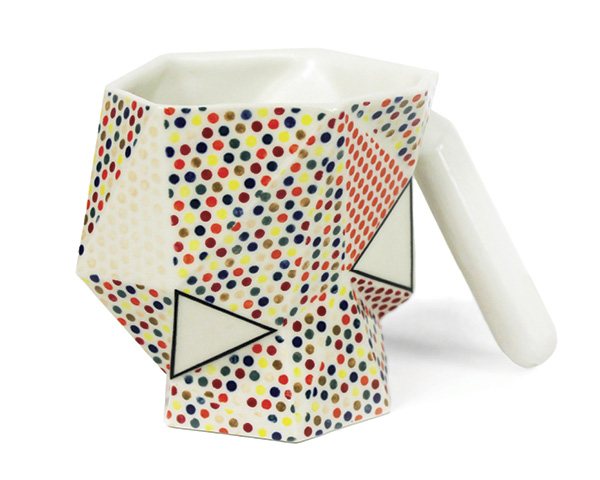 7 Wade MacDonald's Color-Multi Dotted Fracture Mug, 5 in. (12.7 cm) in width, slip-cast porcelain, underglazes, glaze, fired in oxidation to cone 5, 2021.
