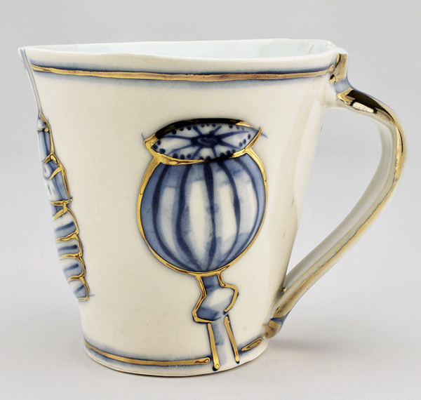 12 Jason Walker’s cup, 5 in. (12.7 cm) in width, handbuilt and high-fired porcelain, underglaze, glaze, luster. Currently at Louise Café.