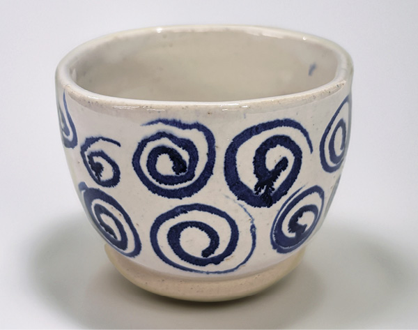 2 Stoneware cup, 4 in. (10 cm) in height, majolica-type white glaze, Cobalt Overglaze, fired in oxidation to cone 5.