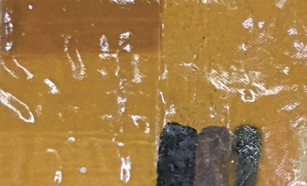4 Test tile with Summer Squash glaze. Stoneware, colored slips, overglazes, fired oxidation in cone 5.