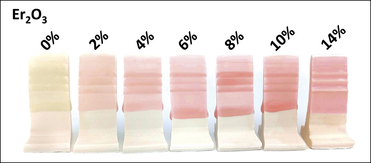 3 Erbium oxide tiles increasing in increments from 0–10%. The last tile was overloaded with erbium oxide to 14% to demonstrate how too much erbium creates an opacifying effect.