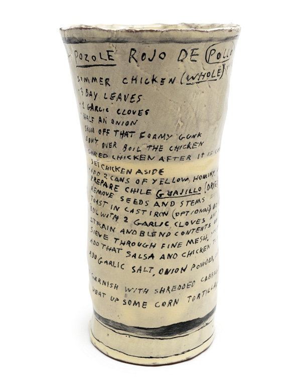 2 Jeremiah Ibarra’s Pozole Recipe (Vase), 7 in. (18 cm) in height, red clay, tin glaze, lead-free overglaze, 2023.