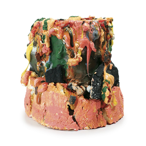 1 Adam Knoche’s Gum Sap, 12 in. (30 cm) in height, handbuilt, ram-pressed porcelain, glaze, fired to cone 6 in oxidation, 2022.