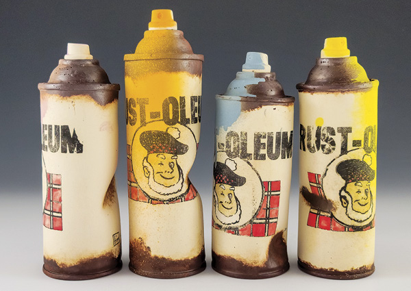 1 Tim Kowalczyk’s Rattle Cans, to 9½ in. (24 cm) in height, slip-cast and handbuilt stoneware, Amaco underglaze, glaze, fired to cone 6 in oxidation, 2023. Photo: Companion Gallery.