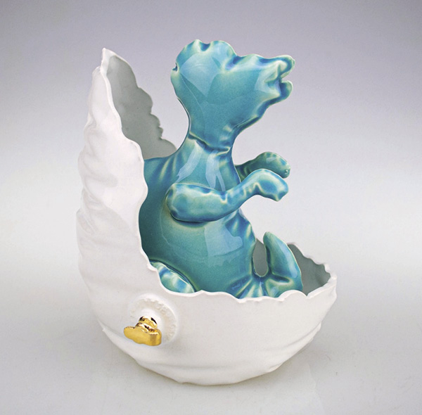 1 Brett Kern’s Inflatable Maiasaura, 5¾ in. (15 cm) in height, slip-cast ceramic, low fired, 2023.