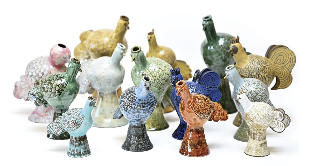 6 Miyu Kurihara’s bird vases, to 21/4 in. (26 cm) in height, glazed stoneware, 2021.