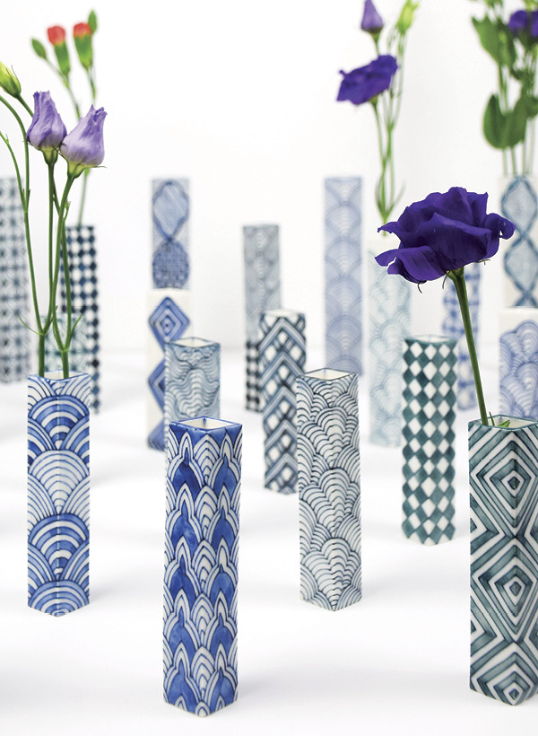 7 Miyu Kurihara’s single flower vases, to 41/2 in. (12 cm) in height, glazed porcelain, 2022.