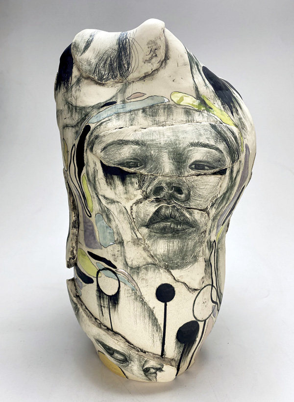 9 Stephanie Kim’s Underneath, 17 in. (43 cm) in height, white stoneware, underglaze, celadon glaze, fired to cone 6 in  oxidation, 2022.