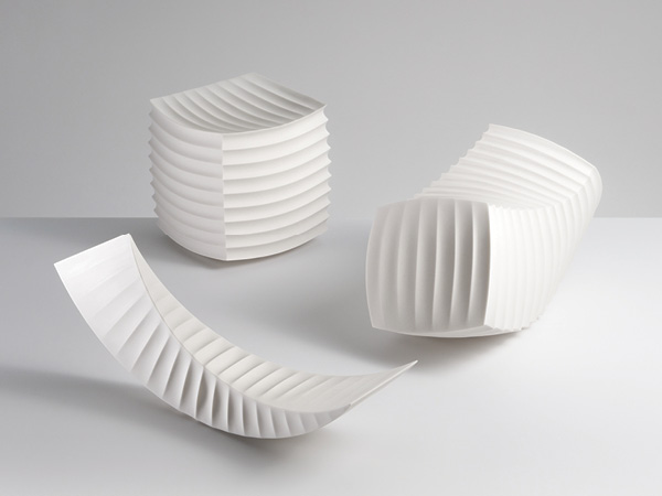 2 Origami Closed-form Series Objects (#1334, #1345, #1351), to 13 in. (33 cm) in length, slip-cast unglazed porcelain, fired to 2167°F (1186°C) in oxidation, wet sanded, 2022.