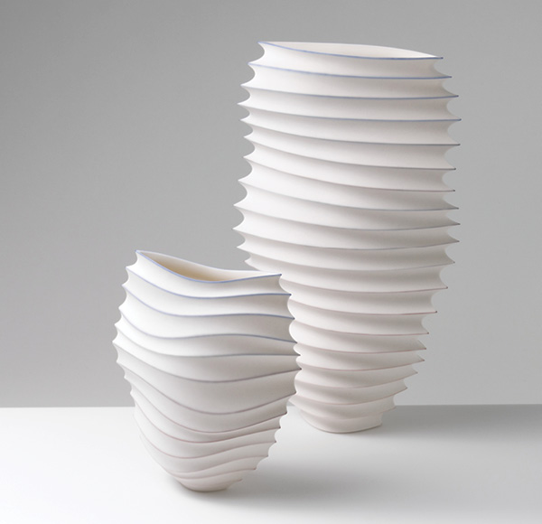 4 Origami Open-form Series Objects (#1338 and #1337), to 12 in. (30 cm) in height, slip-cast unglazed porcelain, soluble metal salts (gold + cobalt), fired to 2167°F (1186°C) in oxidation, wet sanded, 2022.