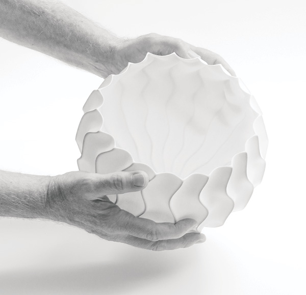 5 Waveform Series Object (#1291), 9½ in. (24 cm) in diameter, slip-cast unglazed porcelain, soluble metal salts (cobalt), fired to 2167°F (1186°C) in oxidation, wet sanded, 2021.