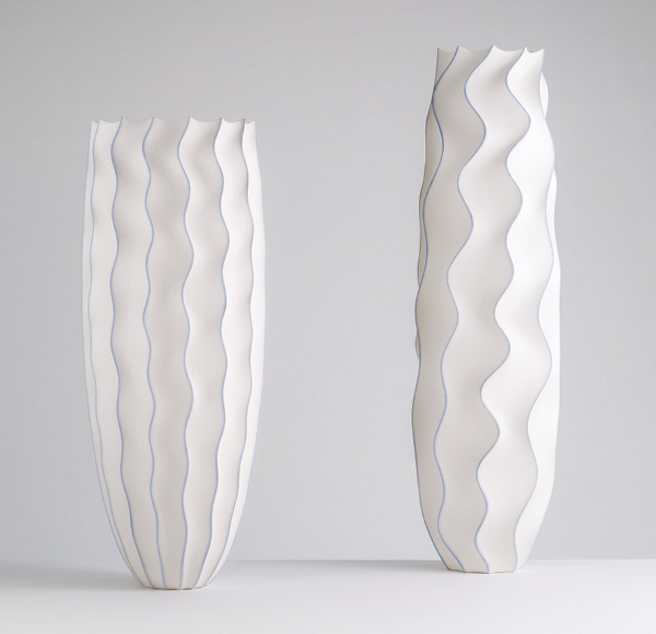 6 Waveform Series Objects (#1261 and #1265), to 17 in. (43 cm) in height, slip-cast unglazed porcelain, soluble metal salts (cobalt), fired to 2167°F (1186°C) in oxidation, wet sanded, 2021.