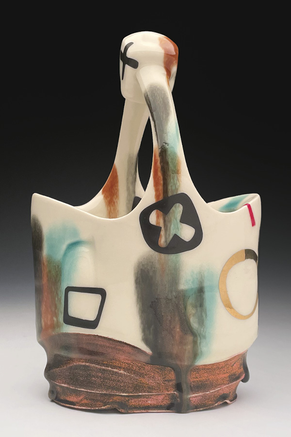 Ray Brown’s basket, 8 in. (20.3 cm) in height, porcelain, underglaze, clear glaze with stains, decals, fired to cone 6, 2024.