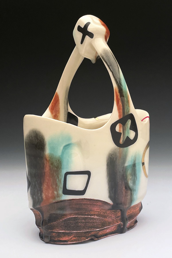 Ray Brown's Basket (alternate view), 8 in. (20.3 cm) in height, porcelain, underglaze, clear glaze with stains, decals, fired in oxidation to cone 6, 2024.