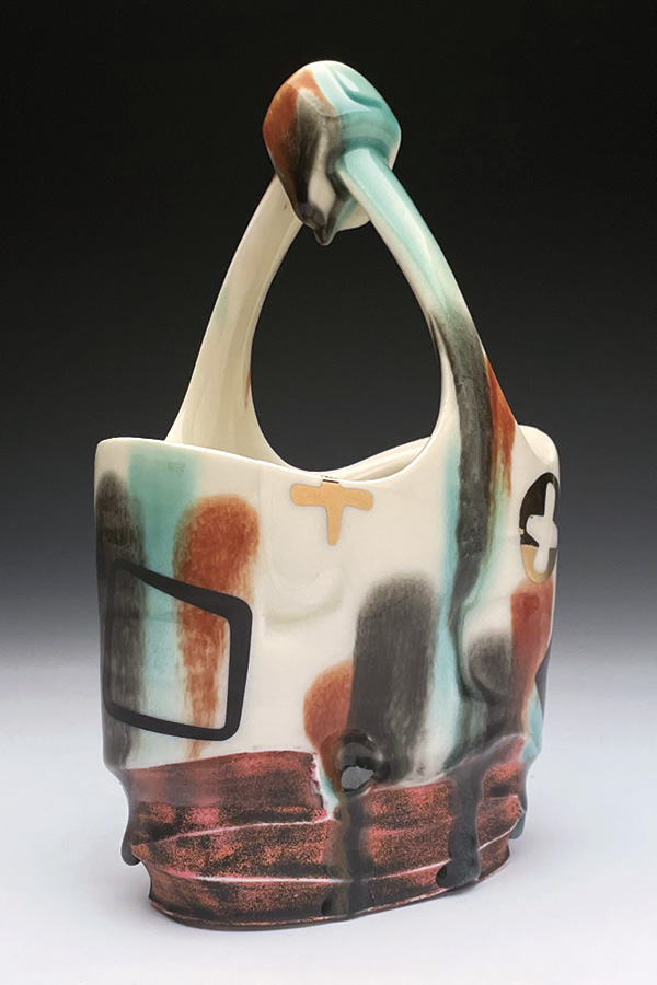 Ray Brown's Basket (alternate view), 8 in. (20.3 cm) in height, porcelain, underglaze, clear glaze with stains, decals, fired in oxidation to cone 6, 2024.