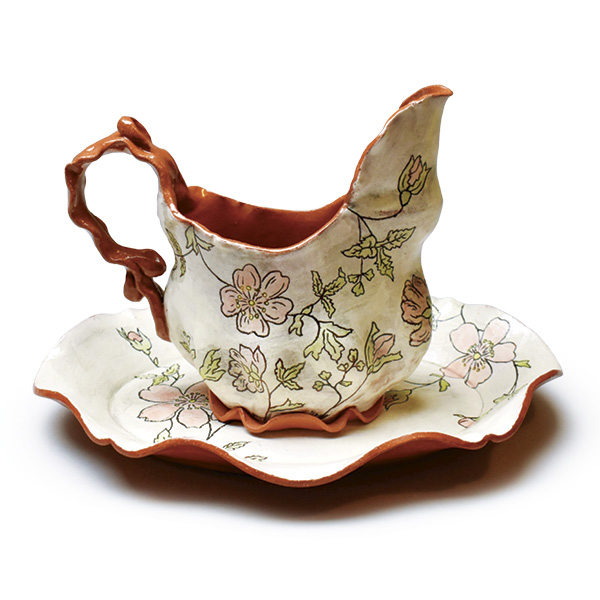 2 Kimberly Hilligoss’ Wild Rose Gravy Boat Set, 9 in. (22.9 cm) in length, earthenware, fired in oxidation to cone 03, 2024.