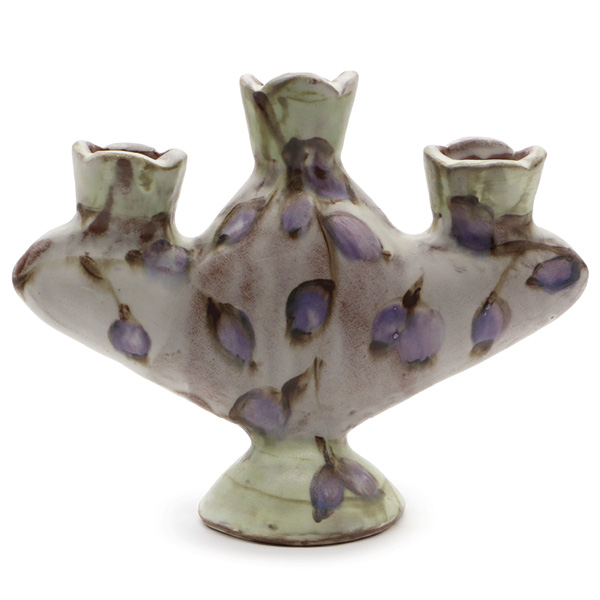 4 Susan McHenry’s candelabra, 8 in. (20.3 cm) in width, slab-built red earthenware, colored slips, Naples/Wager Satin Clear glaze, fired in oxidation to cone 2, 2024.