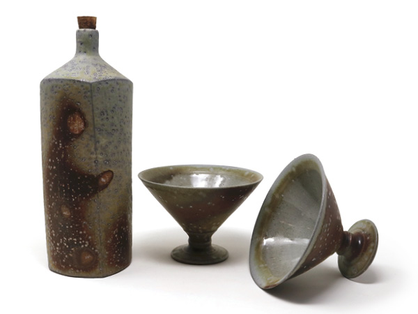 8 Carter Pasma’s cocktail set, to 10 in. (25.4 cm) in height, wheel-thrown and altered high-alumina porcelaneous stoneware, fired in reduction to cone 10 in a soda kiln, 2024.