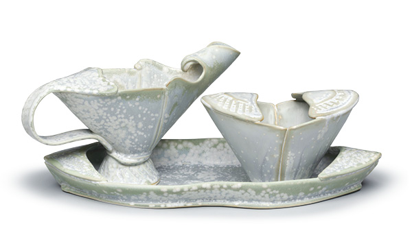 11 Marion Angelica’s Toreador Sugar/Creamer Set, 12 in. (30.5 cm) in length, handbuilt Grolleg porcelain, fired in reduction to cone 10, 2020. Photo: Peter Lee.