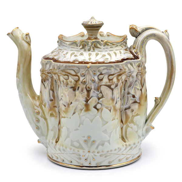 13 Mike Stumbras’ Lost Age Teapot, 8 in. (20.3 cm) in height, English Grolleg porcelain, layered glazes, fired in reduction to cone 10, premium gold luster, 2024.