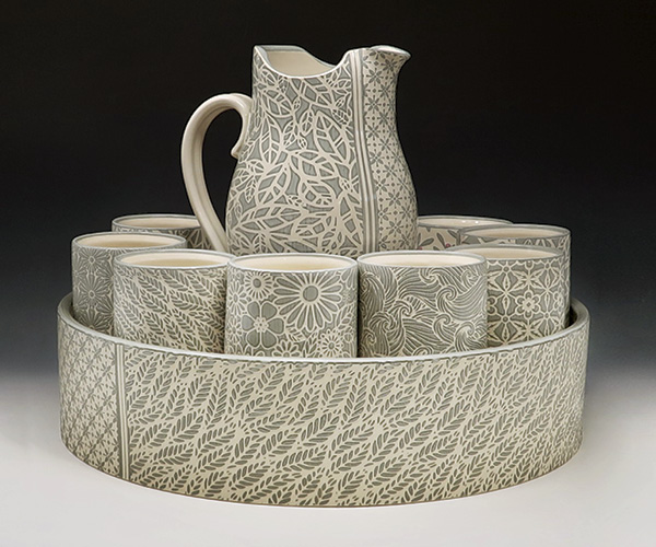 15 Mandy Henebry’s Nesting Pitcher Set with Cups, 15.5 in. (39.4 cm) in width, stoneware, sage-colored slip, fired in oxidation to cone 5, 2024.