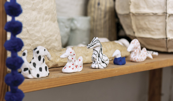 4 Brittany Mojo’s Birdies, 2 in. (5.1 cm) in length, porcelain, underglaze, once fired to cone 6 in an electric kiln, 2024. Photo: Mason Kuehler.