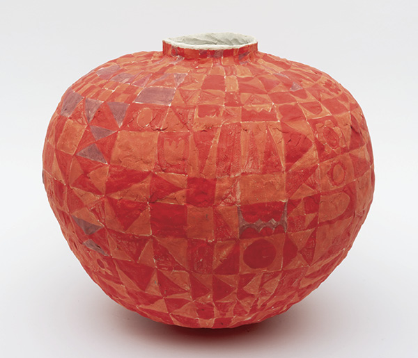 6 Brittany Mojo’s Red Mama, 14 in. (35.6 cm) in diameter, handbuilt stoneware, underglaze, once fired to cone 5 in an electric kiln, 2024. Photo: Mason Kuehler.