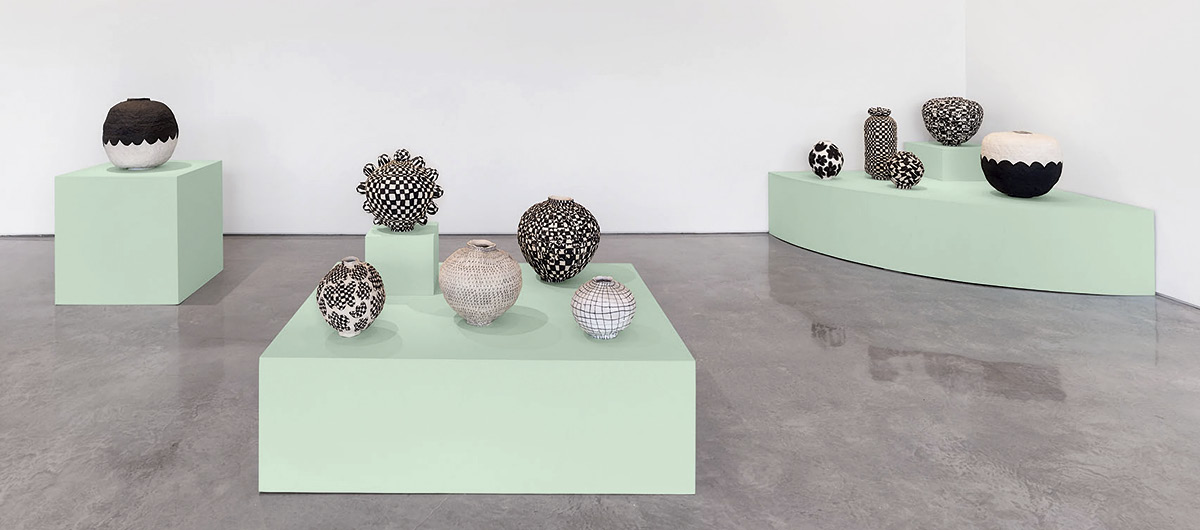 12 The Swell (nowness, again), dimensions variable, handbuilt stoneware and porcelain, underglaze, once fired to mid range in gas and electric kilns, 2023. Part of Mojo’s solo exhibition, “The Swell (nowness, again),” at Mindy Solomon Gallery in Miami, Florida. Photo: Zach Balber.