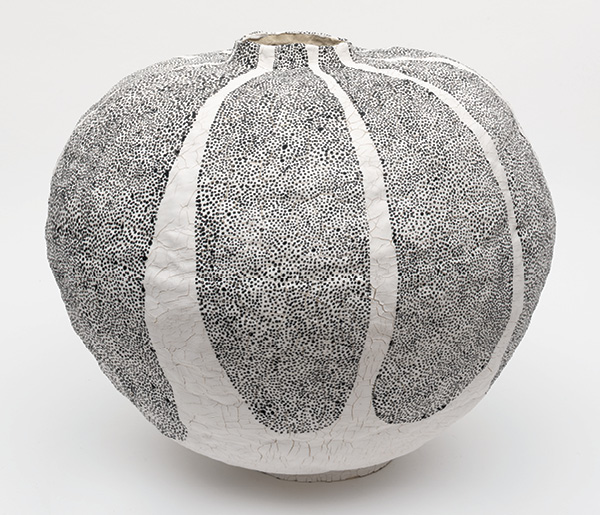 13 Brittany Mojo’s Flower Urchin, 14.8 in. (37.5 cm) in width, handbuilt stoneware, porcelain, porcelain slip, underglaze, once fired in reduction to cone 6 in a gas kiln, 2023. Photo: Mason Kuehler.