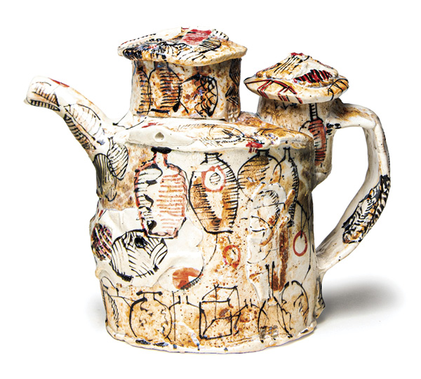 1 Ted Saupe’s teapot, 7½ in. (19 cm) in height, handbuilt porcelain, glazes, underglazes, fired to cone 10. Photo: Silvia Palmer.