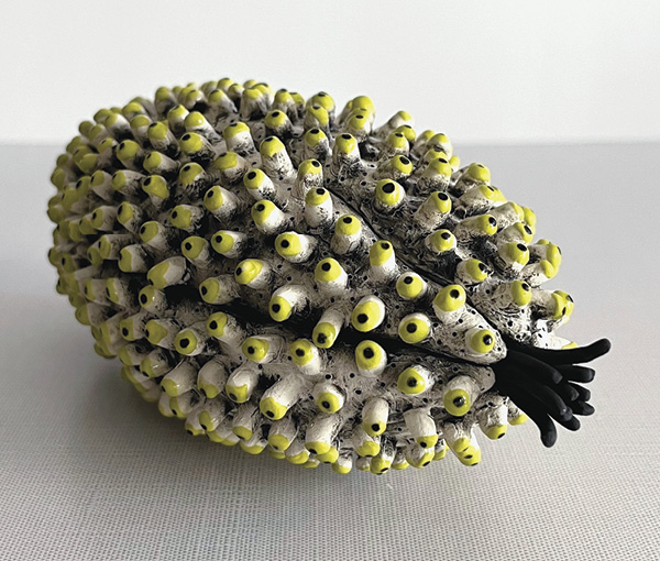 1 Andryea Natkin’s Primordial Form 658, 7 in. (17.8 cm) in length, handbuilt earthenware, underglaze, 2024.