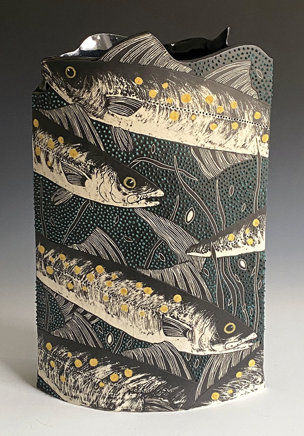 5 Shirley Gromen’s Six Spanish Mackerel Swimming in a Sea of Blue Dots, 13½ in. (34.3 cm) in height, handbuilt porcelain, 2024.