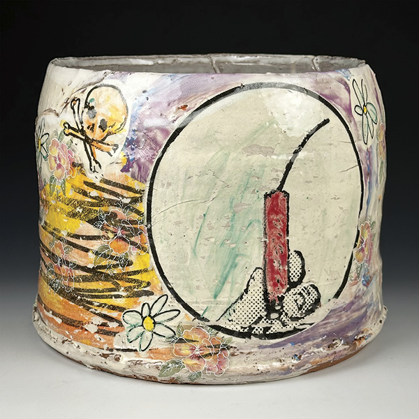 1 Israel Davis’ No Warning, 9 in. (22.9 cm) in diameter, earthenware, screen-printed underglaze transfers, ceramic toner decals, underglaze, porcelain slip, glaze, fired to cone 1, 2024.