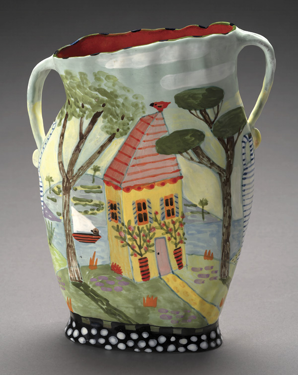 2 Nancy Gardner’s vase, 8 in. (20.3 cm) in height, handbuilt red earthenware, underglaze, glaze, fired to cone 05, 2025. Photo: Larry Sanders.