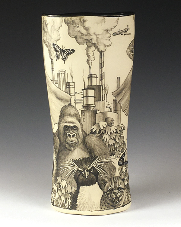 3 Dennis Meiners’ Asking to Stay, 14 in. (35.6 cm) in height, handbuilt stoneware, mishima drawings, fired in oxidation to cone 6, 2024.
