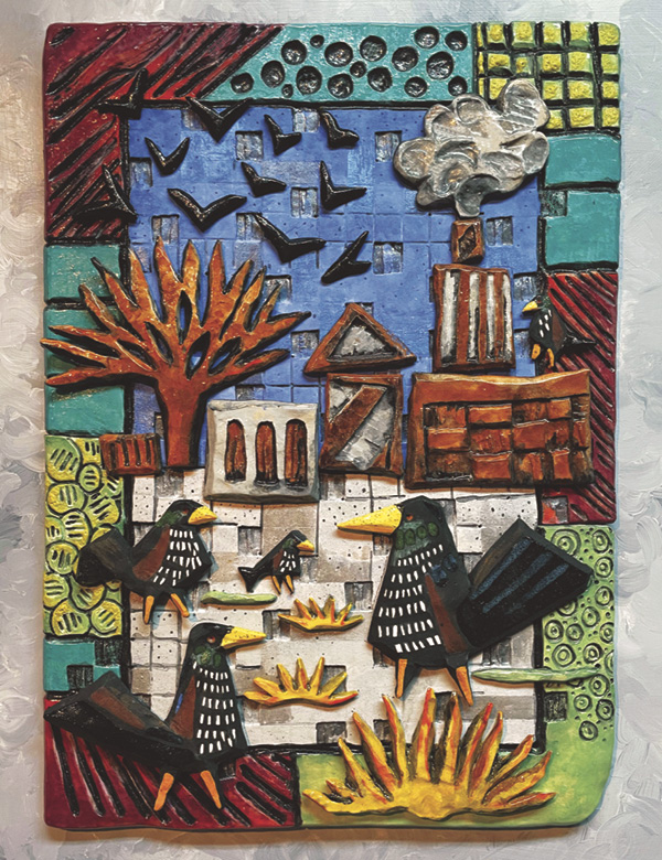 1 Susan Feigenbaum’s Starlings in the City, 18 in. (45.7 cm) in height, raku clay, underglaze, glaze, fired to cone 04, wood, 2024.