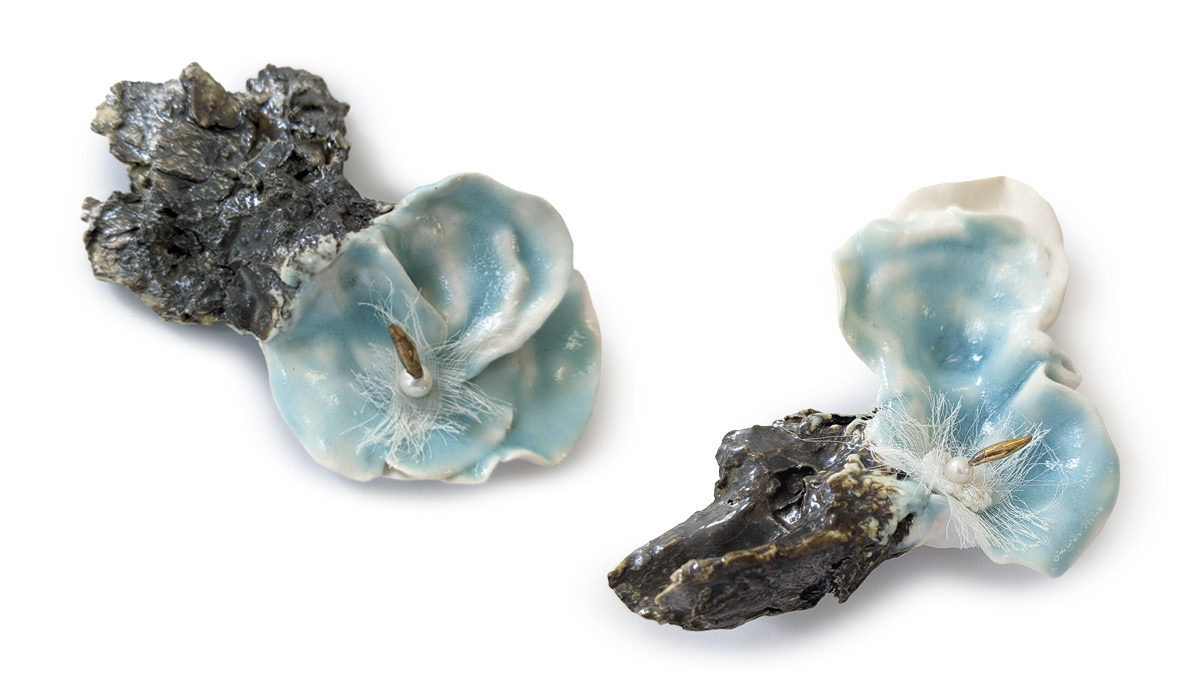 Rochelle Chinnery’s Holdfast series, 5 in. (13 cm) in diameter (each), paper porcelain, silk, thread, beads, pearls.