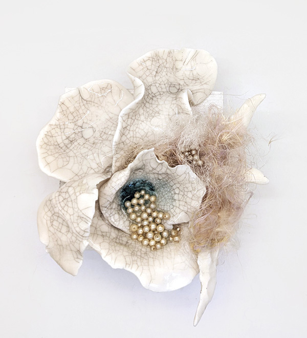 7 Rochelle Chinnery’s Herring Spawn I, 6 in. (15.2 cm) in width, porcelain, vintage lace, pearls, 2025.