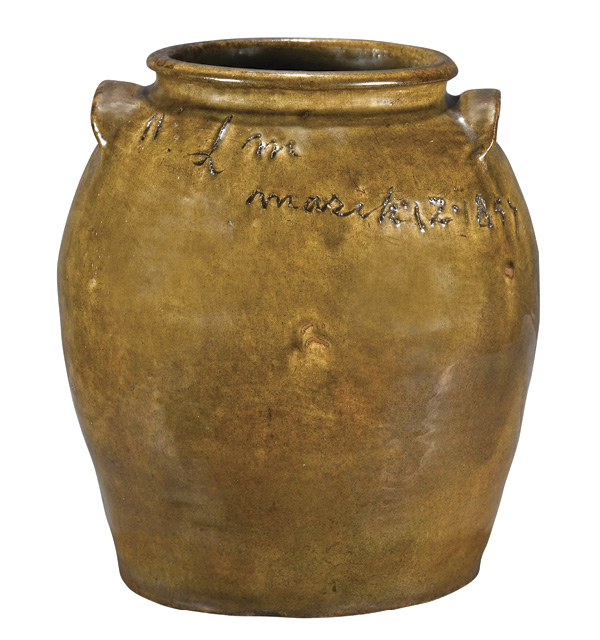 7 David “Dave the Slave” Drake’s (American/South Carolina, 1800–after 1870) two-handle, four-gallon storage jar, stoneware, high-gloss alkaline glaze, 1857. Photo: Courtesy of the Slotin Folk Art Auction.