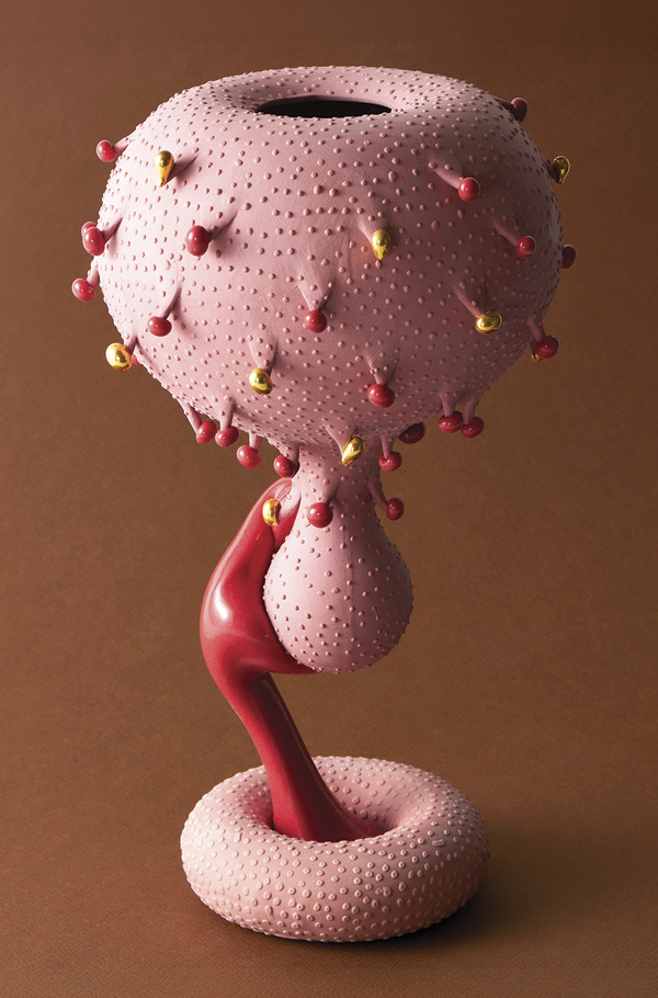 5 Salty Fairy Danji 1, 11 in. (28 cm) in height, porcelain, high-fire stain, gloop glaze, gold luster, 2025. Photo: Karin Taylor and Chris Rands.